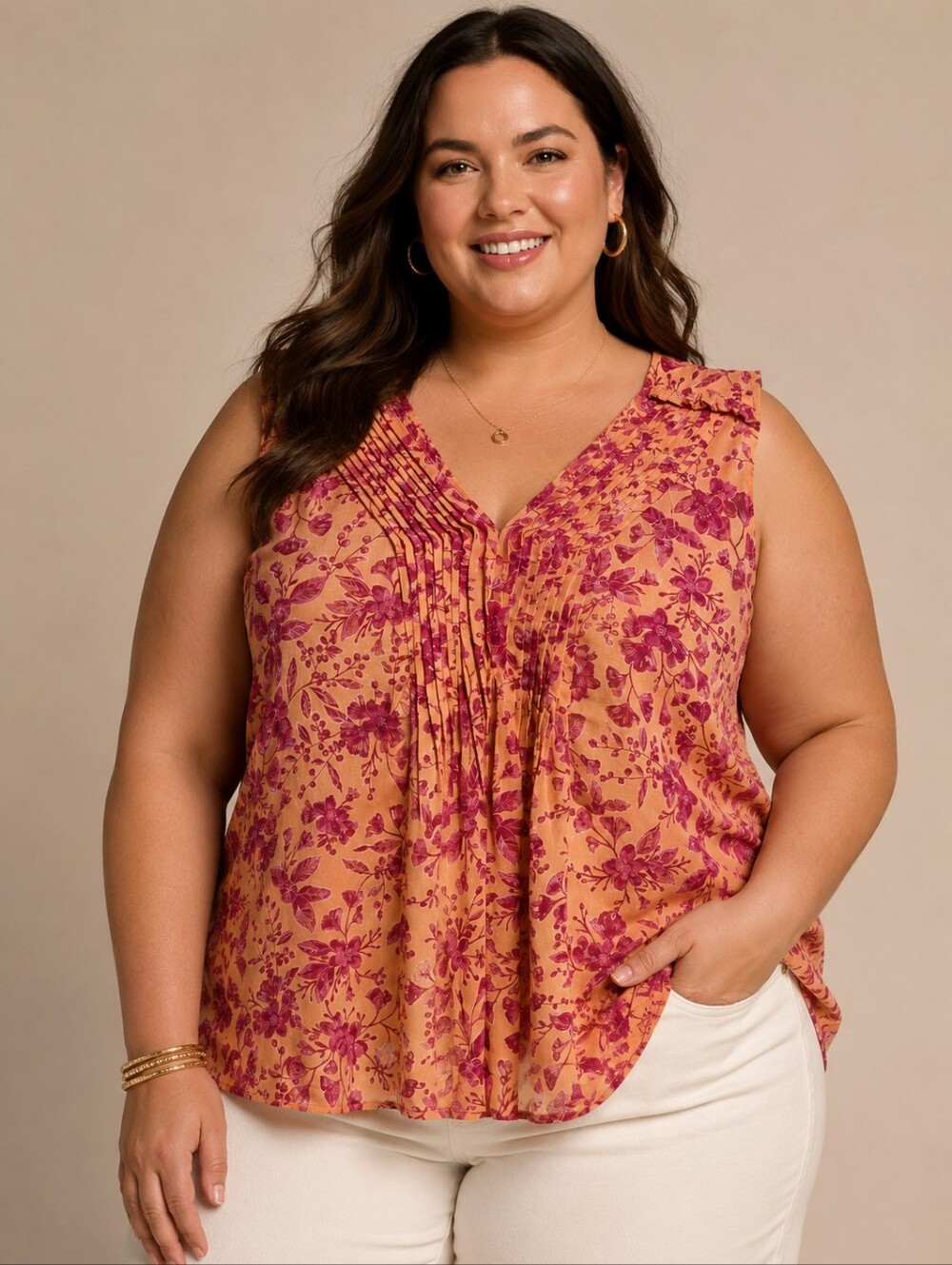 Penningtons Orange Sorbet & Pink Floral Pintuck Sleeveless Camisole